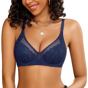 Avidlove Womens Lace Bras Sexy Underwire Unlined Bra V Neck Mesh Everyday Bra Lingeries No Padded(Navy Blue)