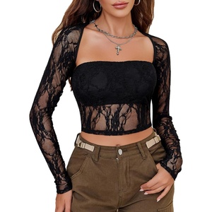 Avidlove Women’s Mesh Top Long Sleeve Sheer Blouse See Through Floral Lace Tops(Black)