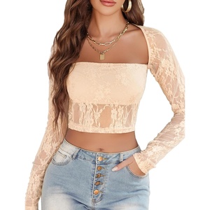 Avidlove Women’s Mesh Top Long Sleeve Sheer Blouse See Through Floral Lace Tops(Champagne)