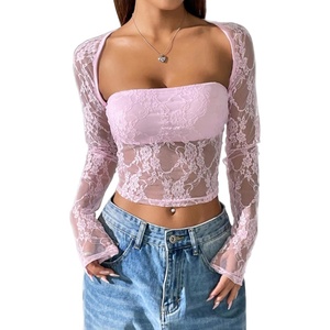 Avidlove Women’s Mesh Top Long Sleeve Sheer Blouse See Through Floral Lace Tops(Pink)