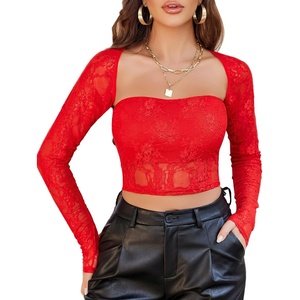 Avidlove Women’s Mesh Top Long Sleeve Sheer Blouse See Through Floral Lace Tops(Red)