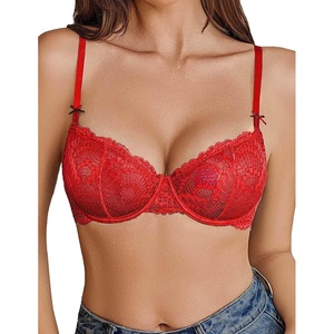 Avidlove Women’s Sexy Lace Bra Sheer Underwire Unlined Balconette Everyday Bras Lingerie(Red)