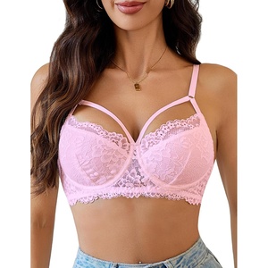 Sexy Bras for Women Lace Underwire Bra Unlined Bralette Lingerie | Adjustable Strappy Two Layer Bra V Neck Full Coverage Everyday Bra(Dark Pink)