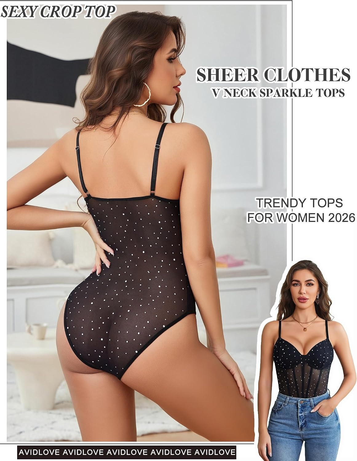 image:imageAvidlove Bodysuits for Women Sheer Thong Body Suit Mesh One Piece Sparkle Leotard Shirt Going Out Tops Concert Outfits SXXLBlack