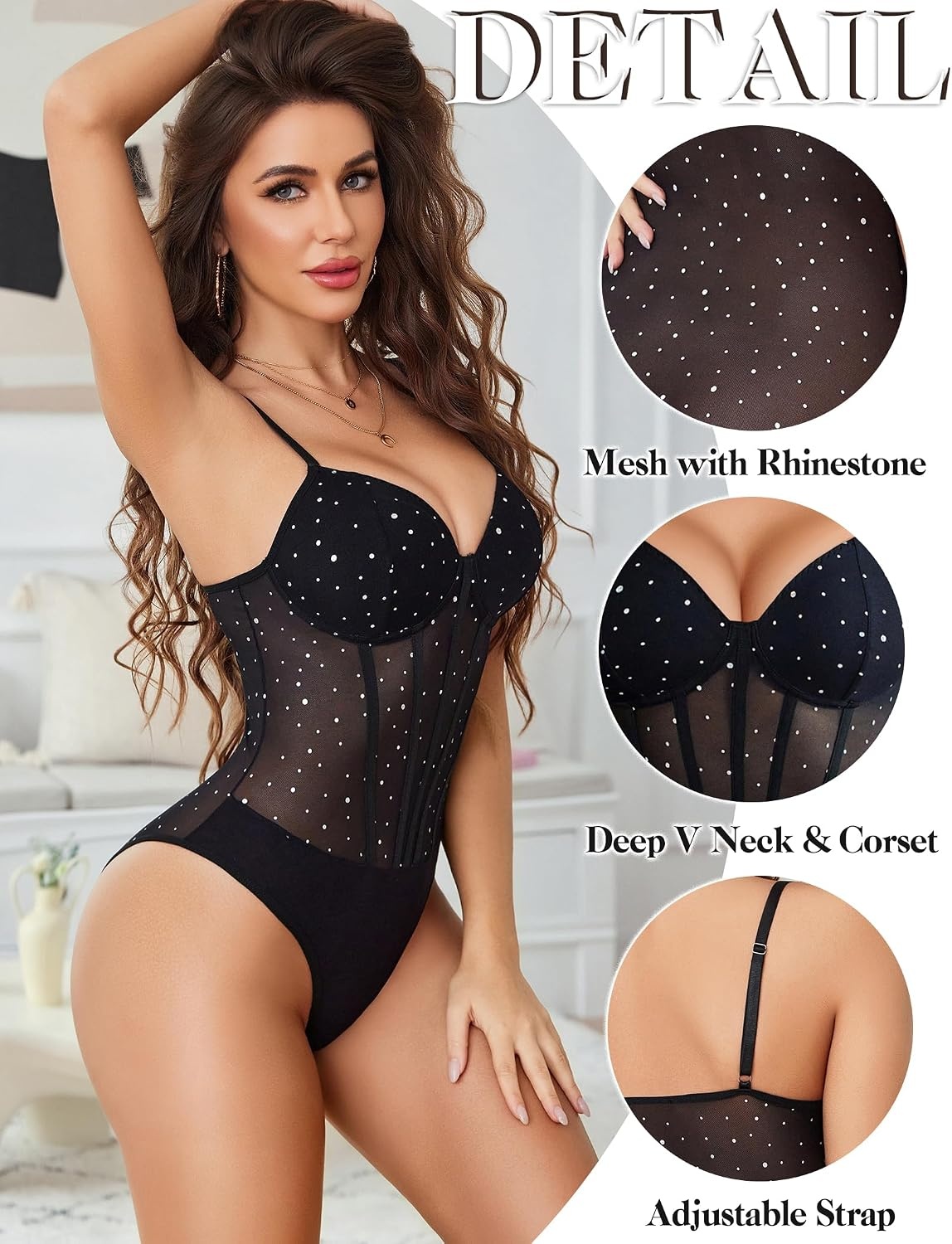 image:imageAvidlove Bodysuits for Women Sheer Thong Body Suit Mesh One Piece Sparkle Leotard Shirt Going Out Tops Concert Outfits SXXLBlack