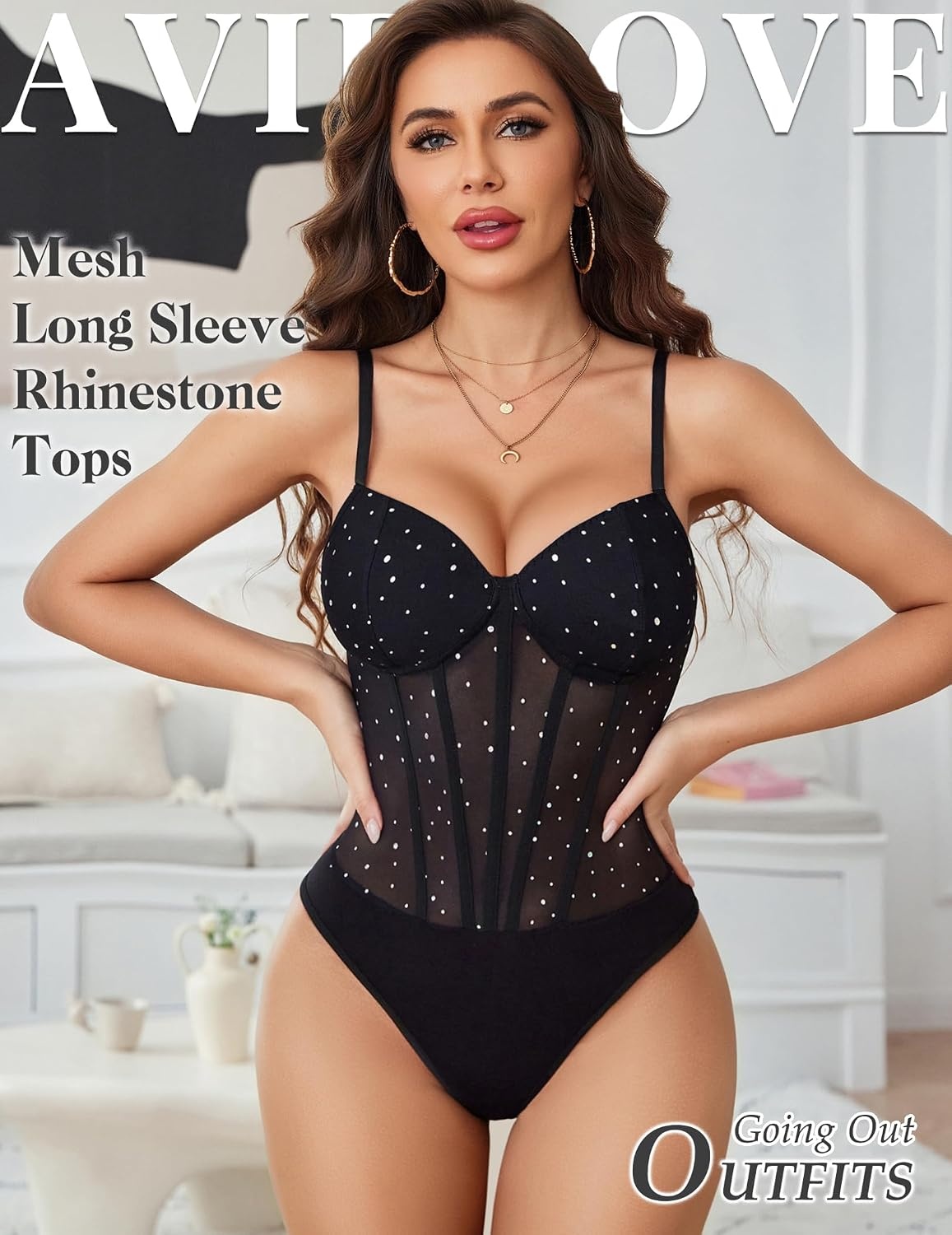 image:imageAvidlove Bodysuits for Women Sheer Thong Body Suit Mesh One Piece Sparkle Leotard Shirt Going Out Tops Concert Outfits SXXLBlack