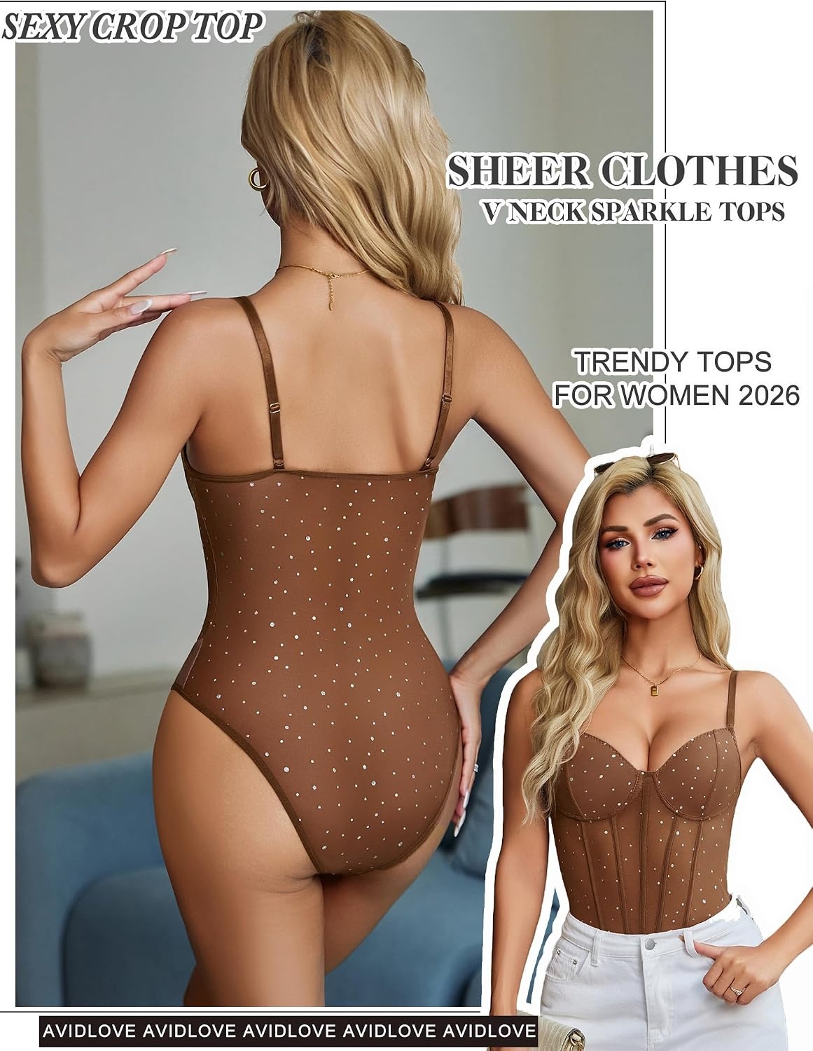 image:imageAvidlove Bodysuits for Women Sheer Thong Body Suit Mesh One Piece Sparkle Leotard Shirt Going Out Tops Concert Outfits SXXLBrown