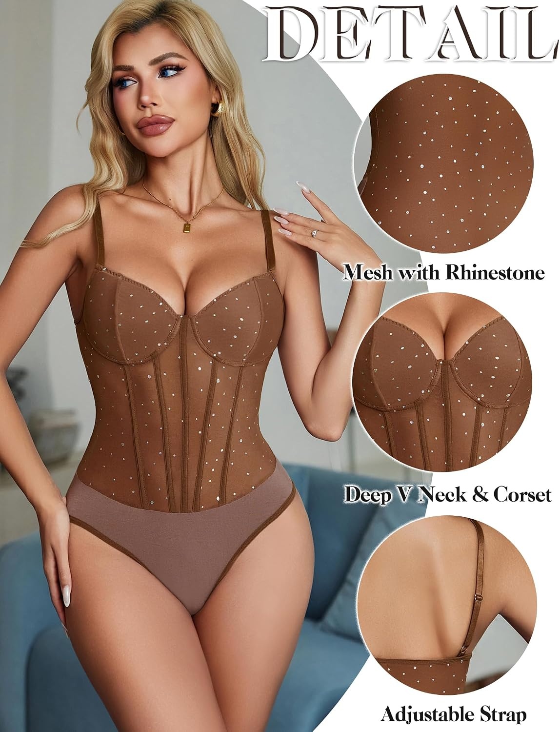 image:imageAvidlove Bodysuits for Women Sheer Thong Body Suit Mesh One Piece Sparkle Leotard Shirt Going Out Tops Concert Outfits SXXLBrown