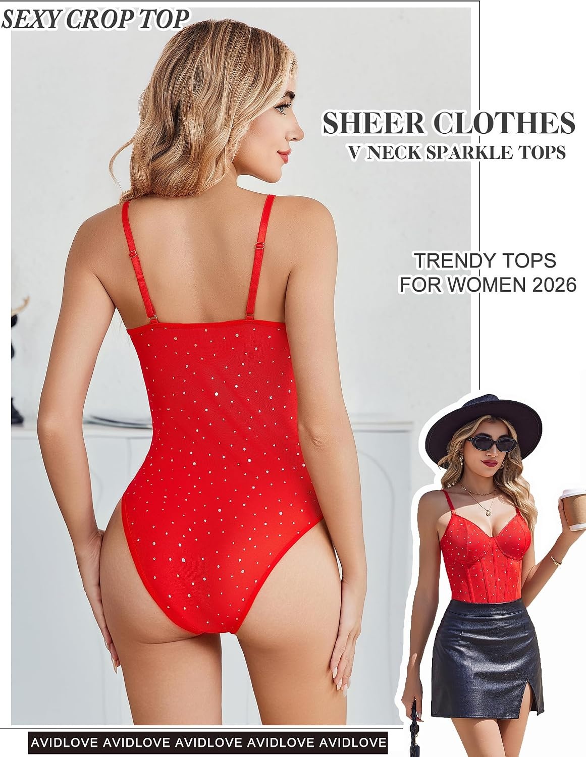 image:imageAvidlove Bodysuits for Women Sheer Thong Body Suit Mesh One Piece Sparkle Leotard Shirt Going Out Tops Concert Outfits SXXLRed