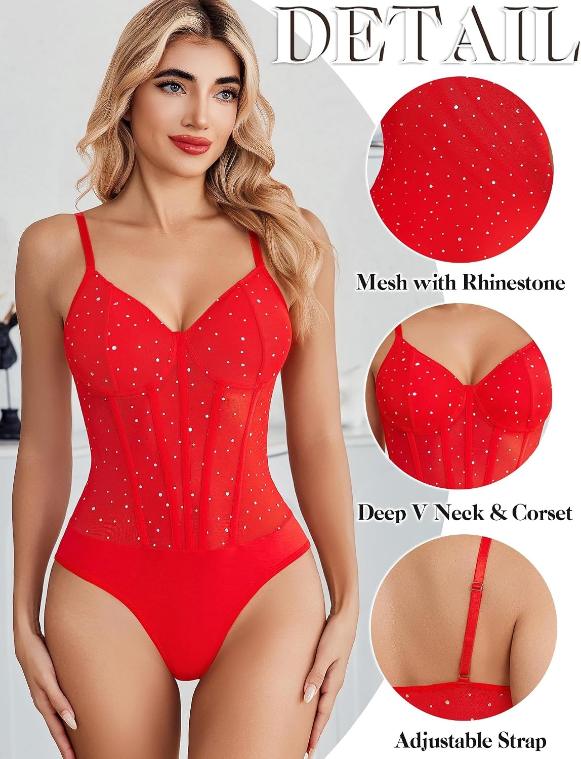 image:imageAvidlove Bodysuits for Women Sheer Thong Body Suit Mesh One Piece Sparkle Leotard Shirt Going Out Tops Concert Outfits SXXLRed