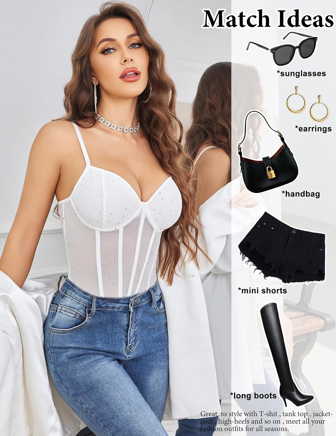 image:imageAvidlove Bodysuits for Women Sheer Thong Body Suit Mesh One Piece Sparkle Leotard Shirt Going Out Tops Concert Outfits SXXLWhite