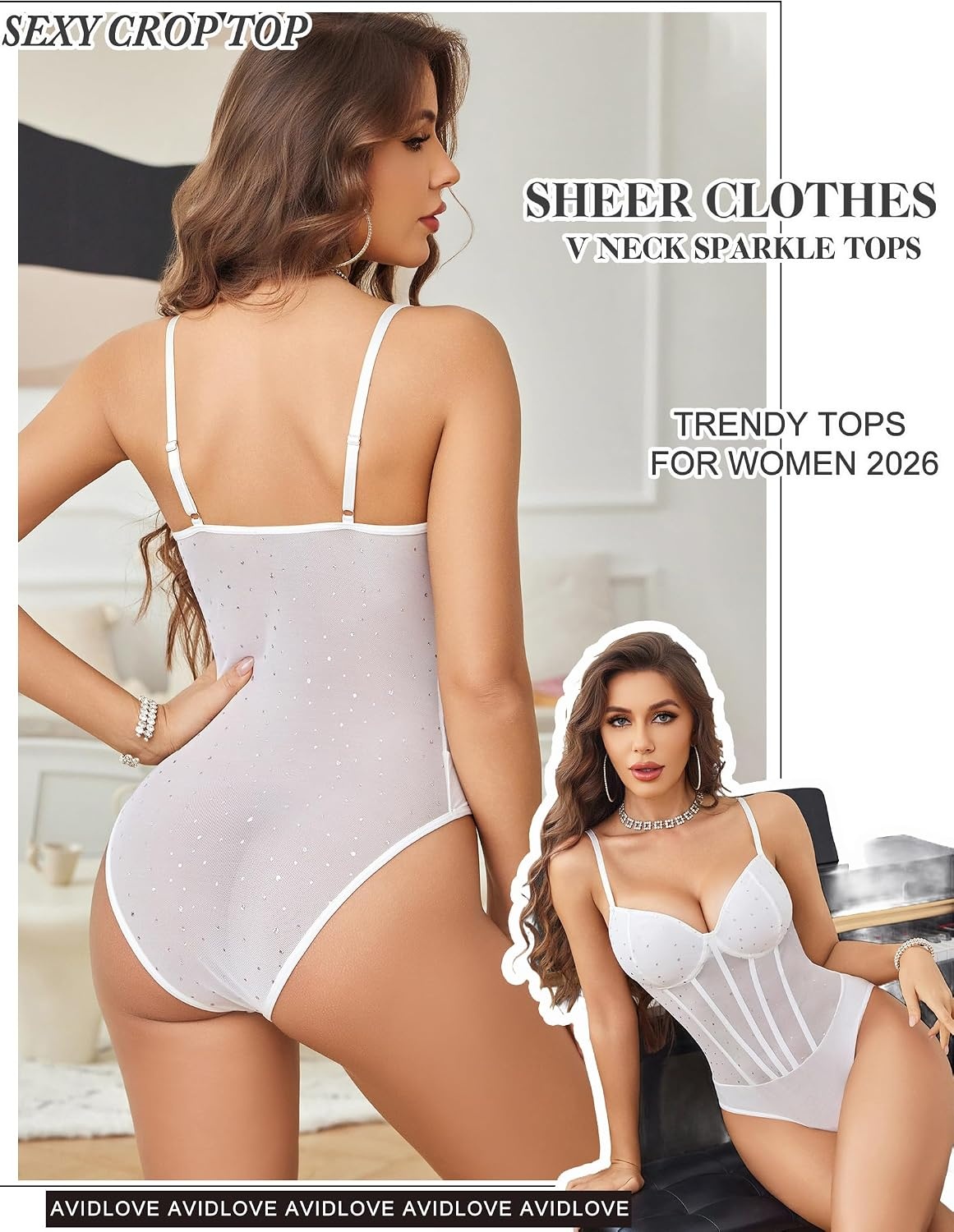 image:imageAvidlove Bodysuits for Women Sheer Thong Body Suit Mesh One Piece Sparkle Leotard Shirt Going Out Tops Concert Outfits SXXLWhite