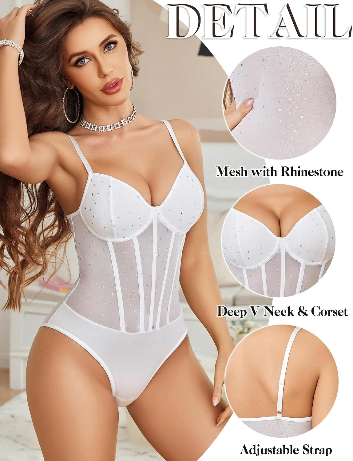 image:imageAvidlove Bodysuits for Women Sheer Thong Body Suit Mesh One Piece Sparkle Leotard Shirt Going Out Tops Concert Outfits SXXLWhite
