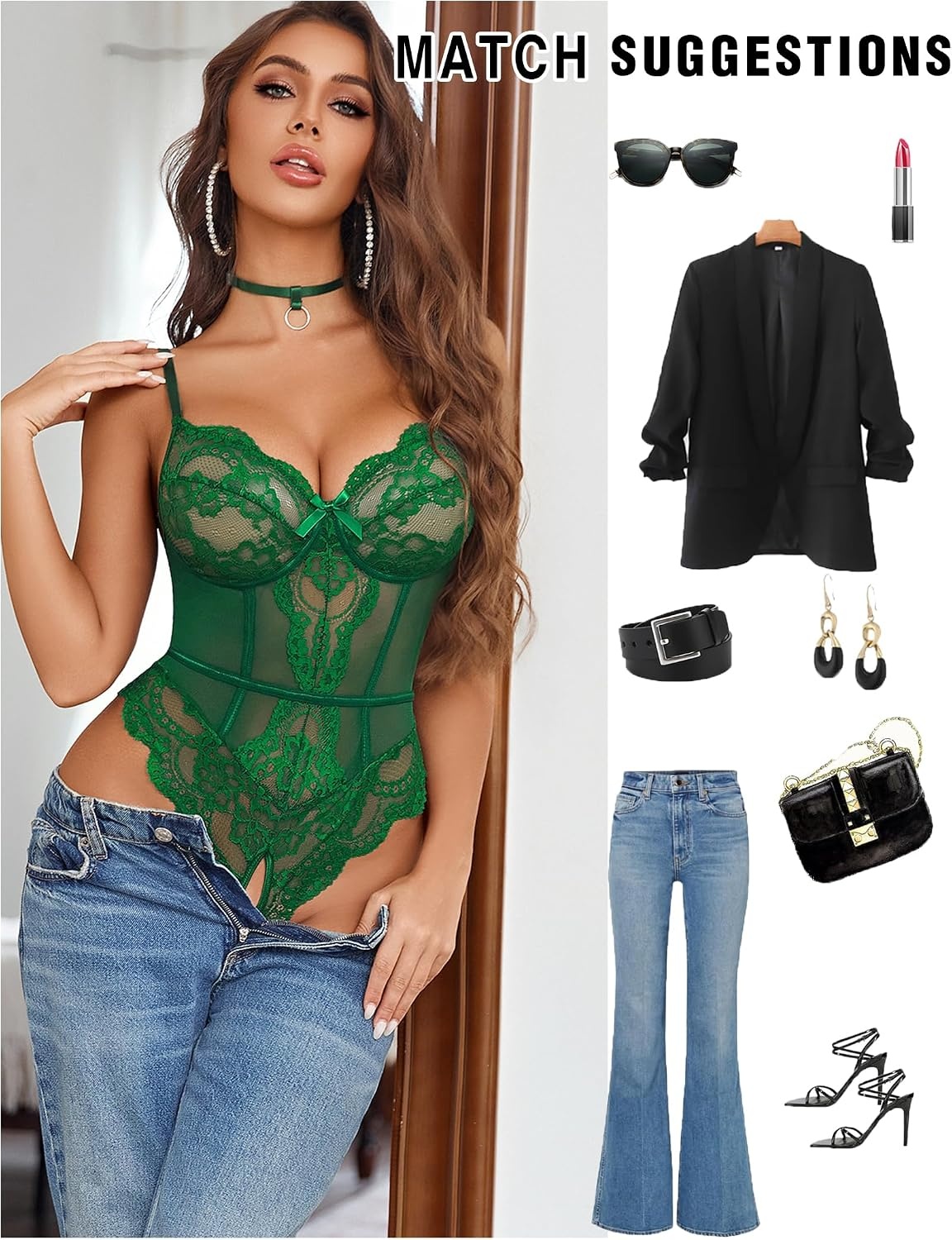 image:imageAvidlove Lingerie Sets for Women Sexy Lace Corset Bodysuit with Garter Belt One Piece Teddy LingerieGreen