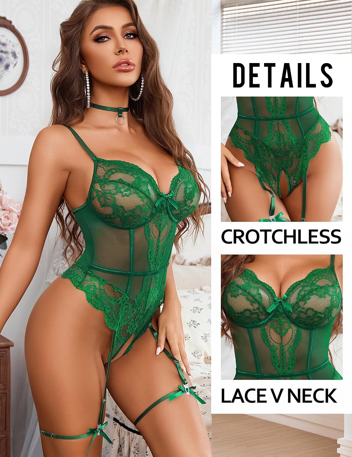 image:imageAvidlove Lingerie Sets for Women Sexy Lace Corset Bodysuit with Garter Belt One Piece Teddy LingerieGreen