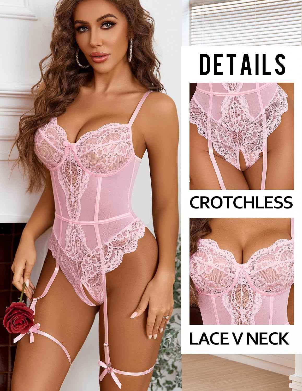 image:imageAvidlove Lingerie Sets for Women Sexy Lace Corset Bodysuit with Garter Belt One Piece Teddy LingeriePink