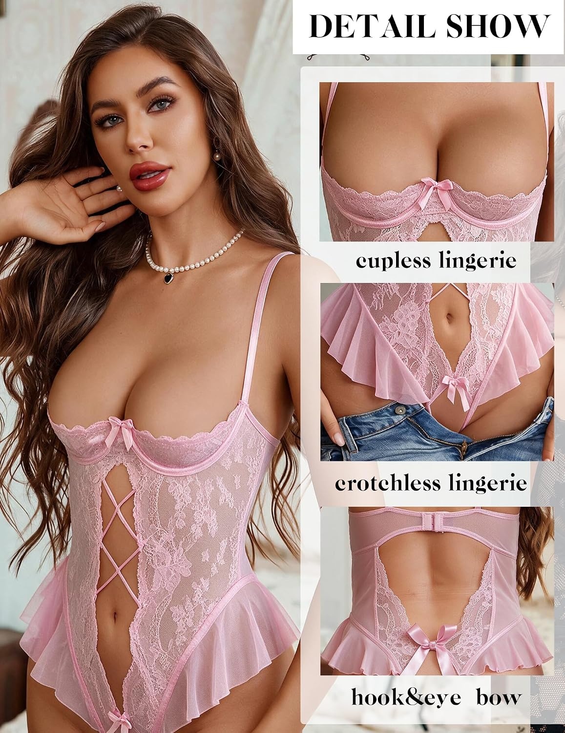 image:imageAvidlove Lingerie for Women Lace Teddy One Piece Babydoll Sexy Lingerie Mini Bodysuit SXXLPink