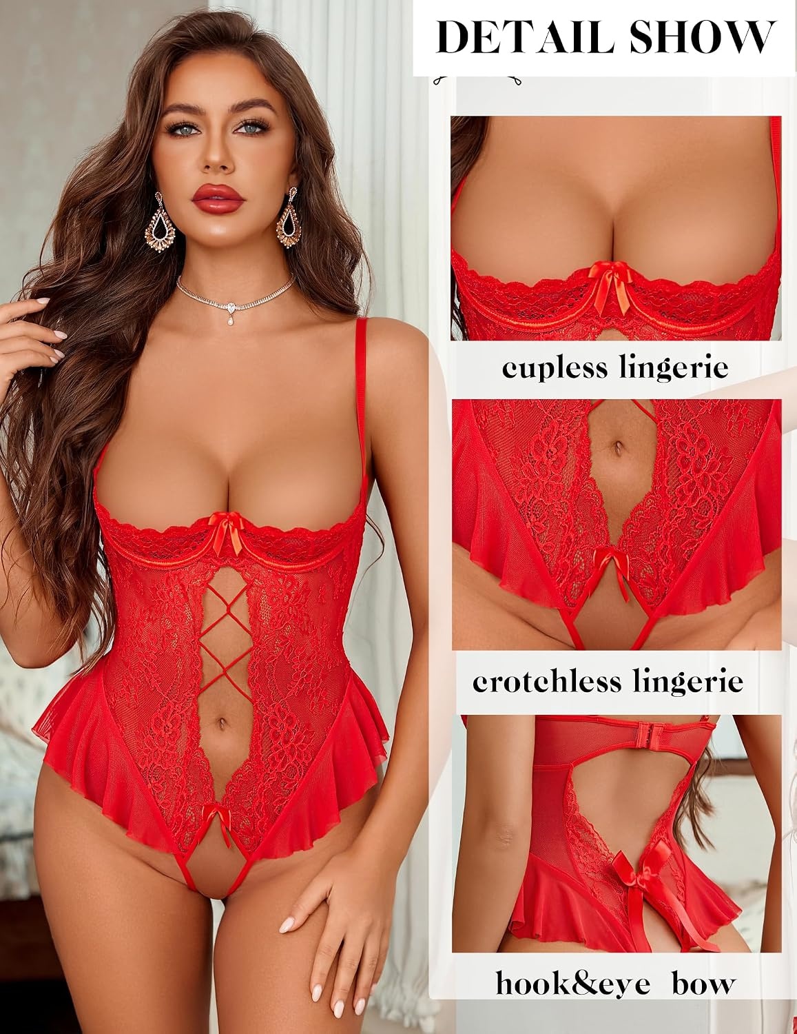 image:imageAvidlove Lingerie for Women Lace Teddy One Piece Babydoll Sexy Lingerie Mini Bodysuit SXXLRed