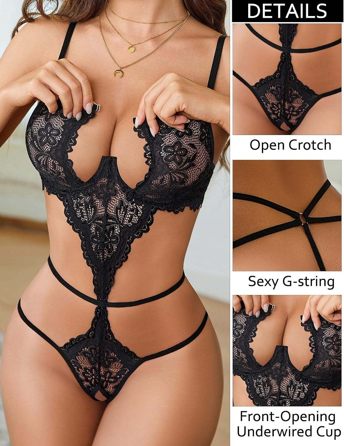 image:imageAvidlove Lingerie for Women Underwired Lace Teddy FrontOpening Lingerie Sexy Cut Out Bodysuit One Piece Mini BabydollBlack