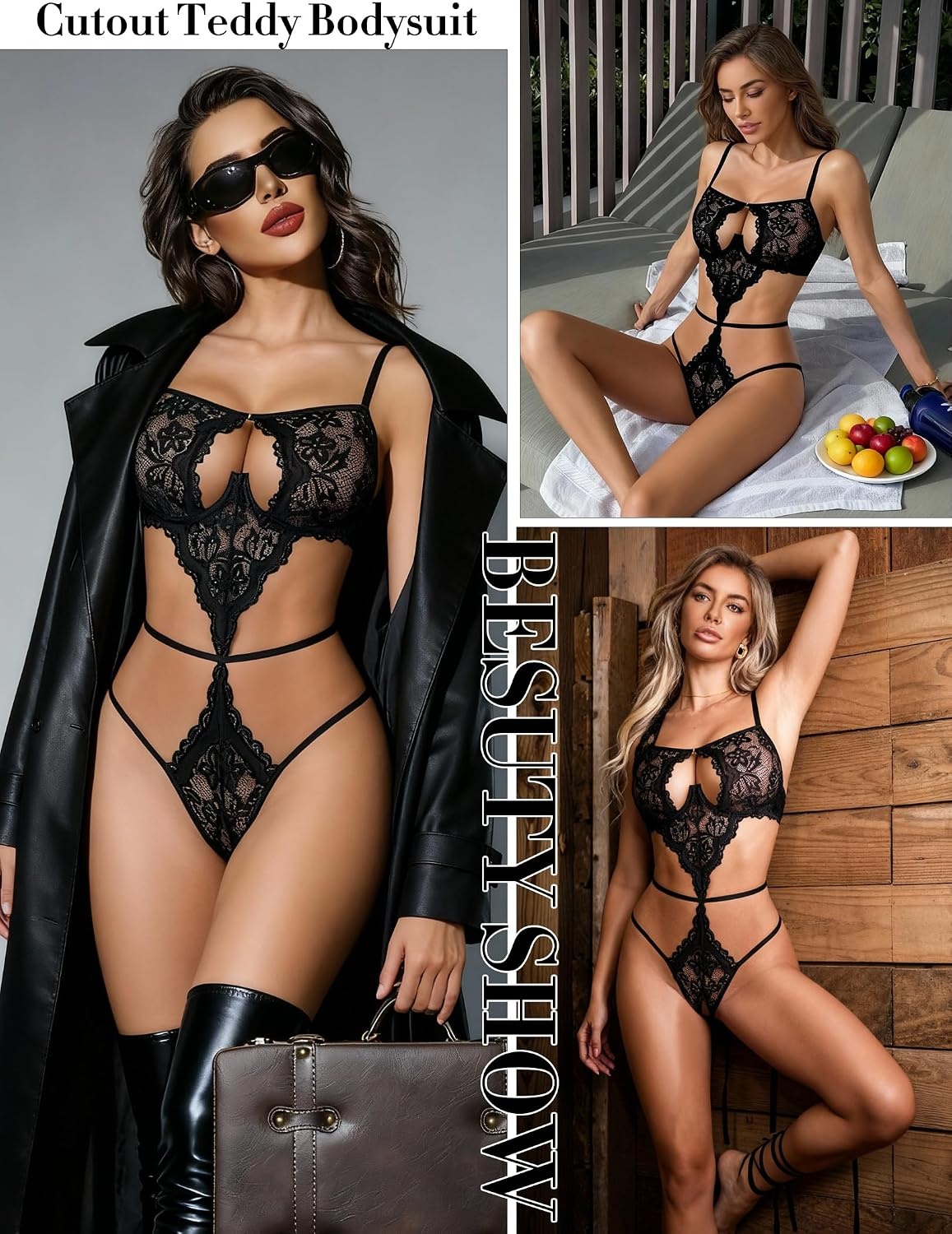 image:imageAvidlove Lingerie for Women Underwired Lace Teddy FrontOpening Lingerie Sexy Cut Out Bodysuit One Piece Mini BabydollBlack
