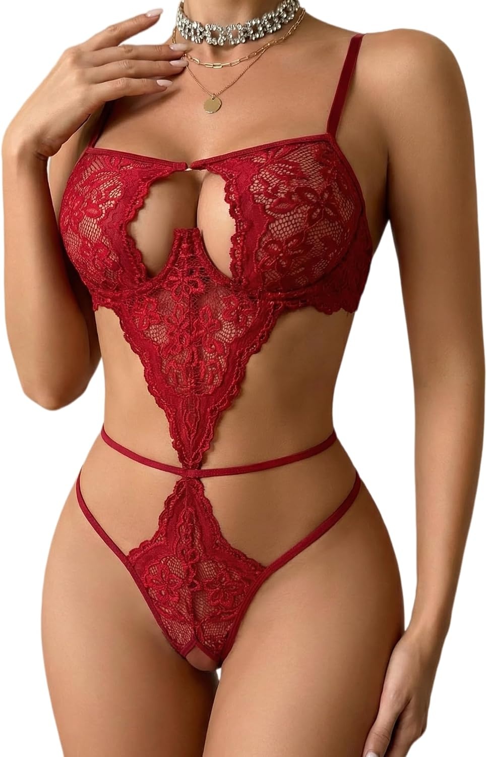 image:imageAvidlove Lingerie for Women Underwired Lace Teddy FrontOpening Lingerie Sexy Cut Out Bodysuit One Piece Mini BabydollWine Red