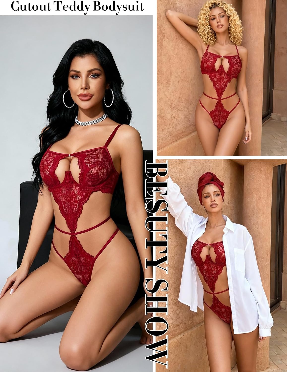 image:imageAvidlove Lingerie for Women Underwired Lace Teddy FrontOpening Lingerie Sexy Cut Out Bodysuit One Piece Mini BabydollWine Red