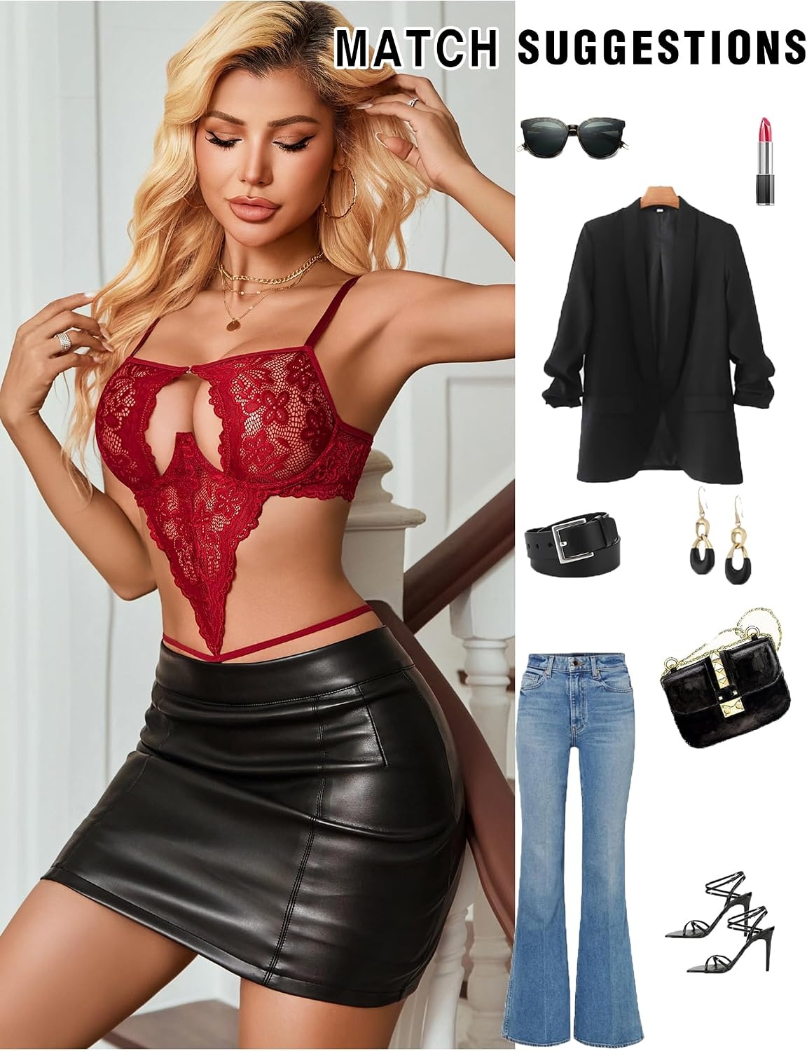 image:imageAvidlove Lingerie for Women Underwired Lace Teddy FrontOpening Lingerie Sexy Cut Out Bodysuit One Piece Mini BabydollWine Red