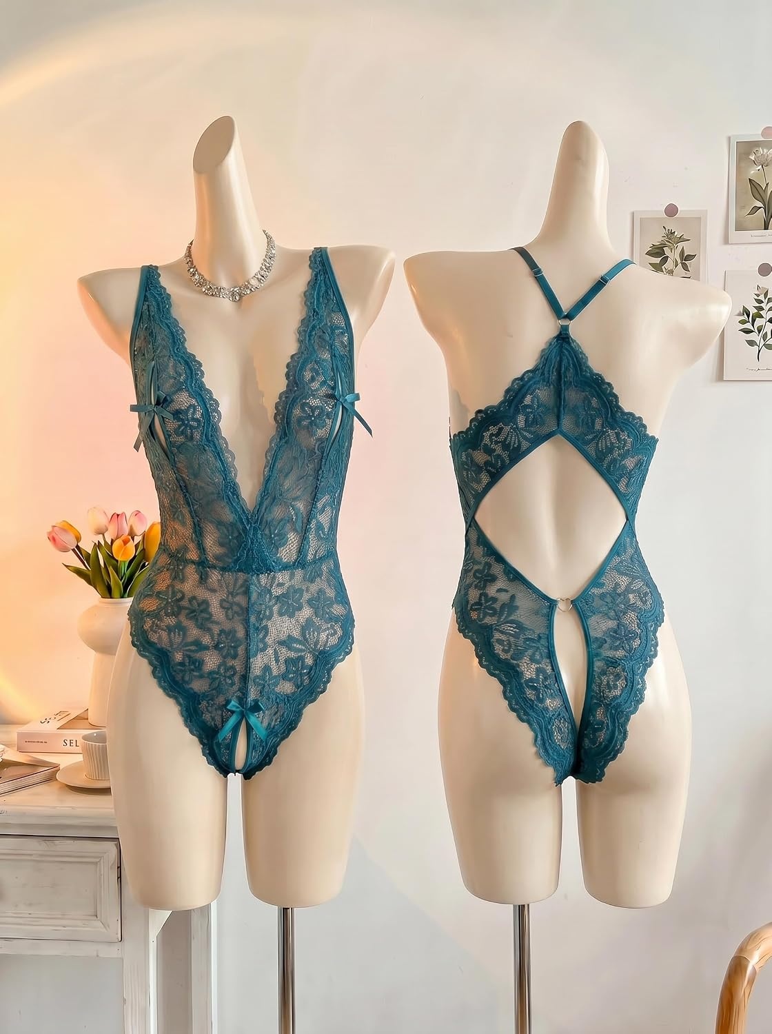 image:imageAvidlove Sexy Lingerie for Women Deep V Lace Teddy Lingerie Bodysuit One Piece BabydollBlue Green