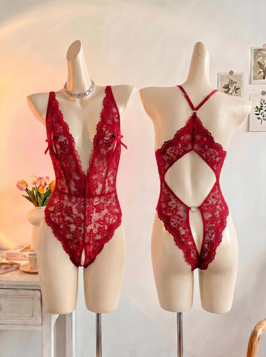 image:imageAvidlove Sexy Lingerie for Women Deep V Lace Teddy Lingerie Bodysuit One Piece BabydollBurgundy