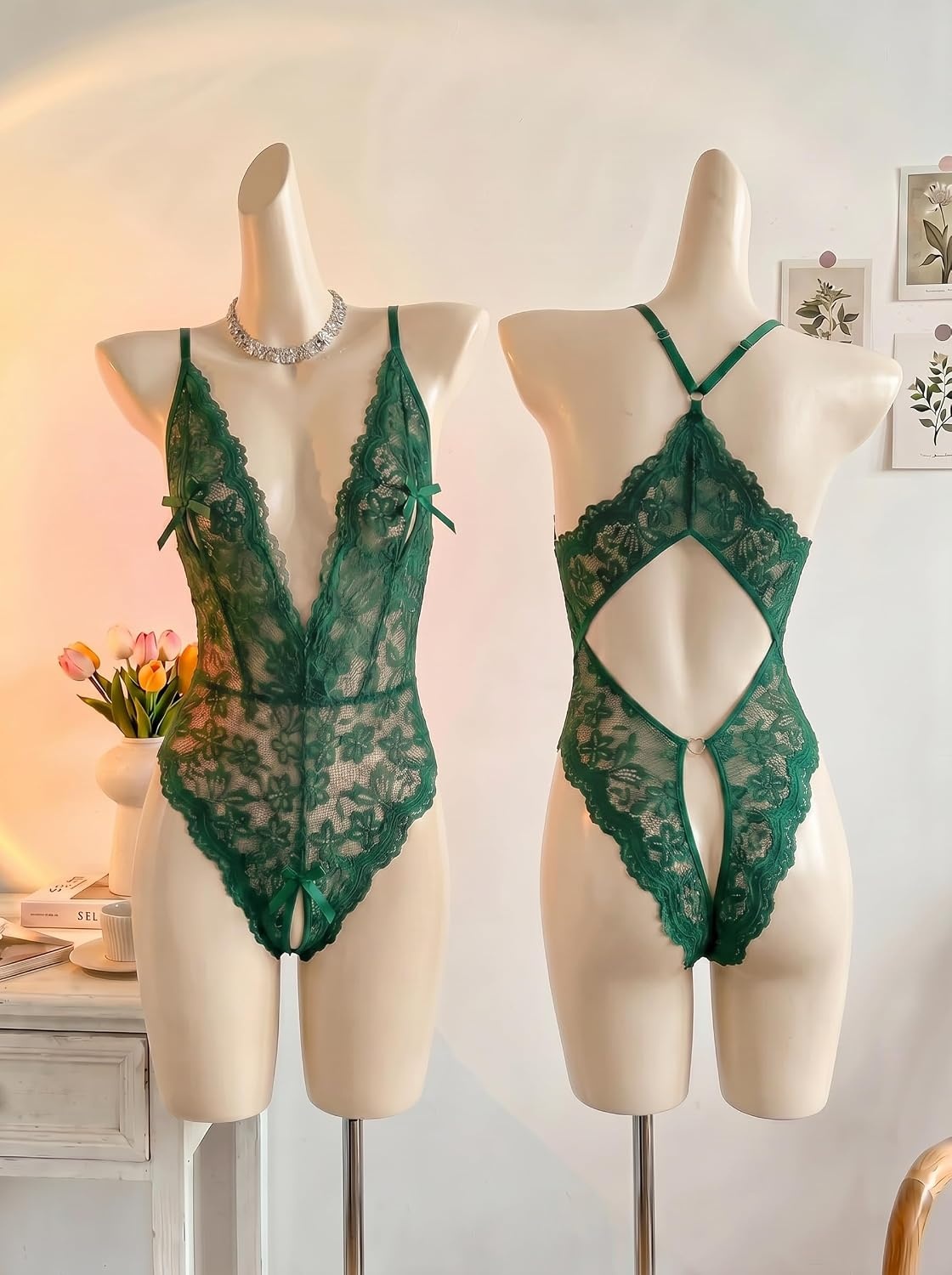 image:imageAvidlove Sexy Lingerie for Women Deep V Lace Teddy Lingerie Bodysuit One Piece BabydollDark Green