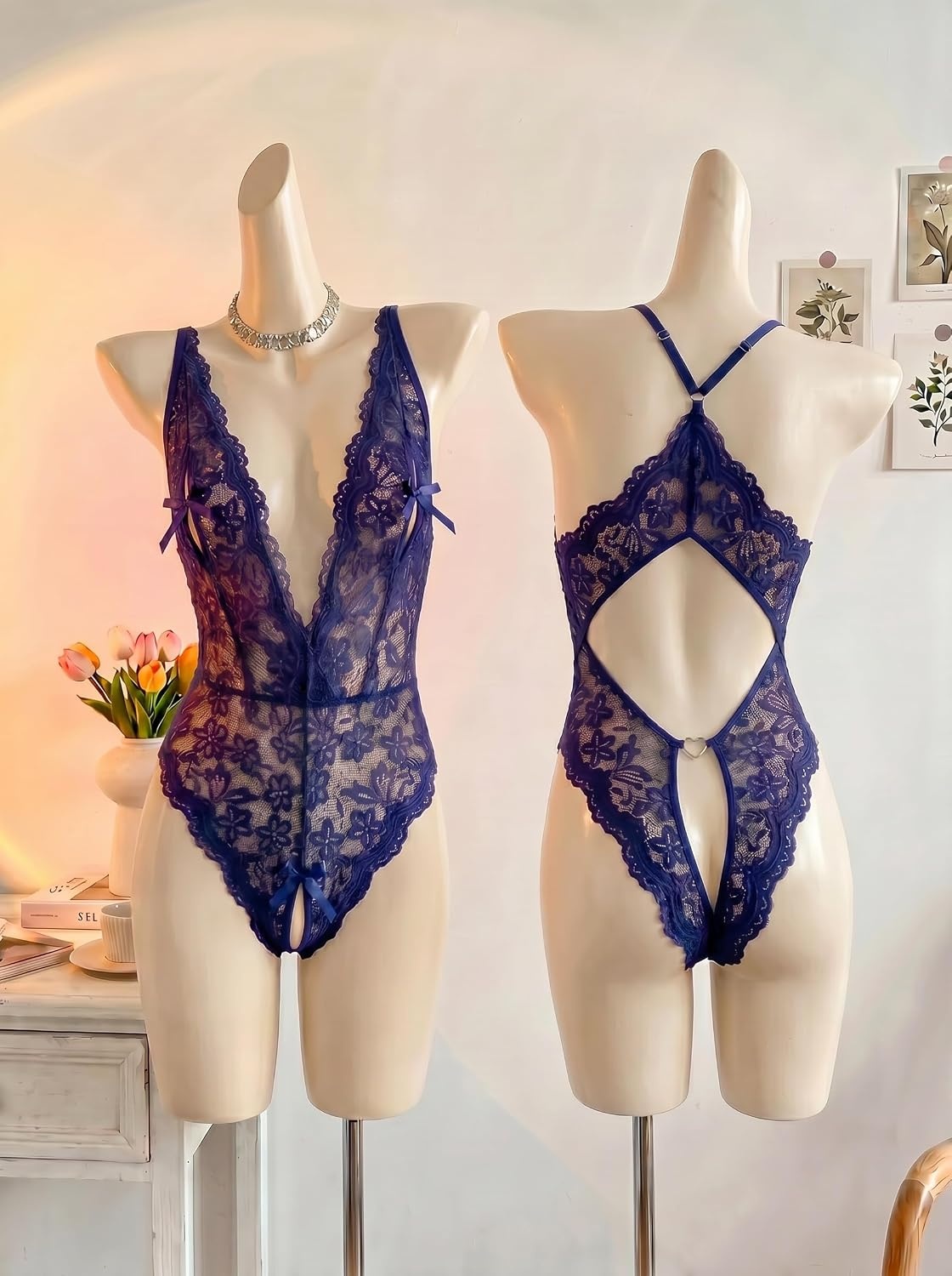 image:imageAvidlove Sexy Lingerie for Women Deep V Lace Teddy Lingerie Bodysuit One Piece BabydollNavy Blue
