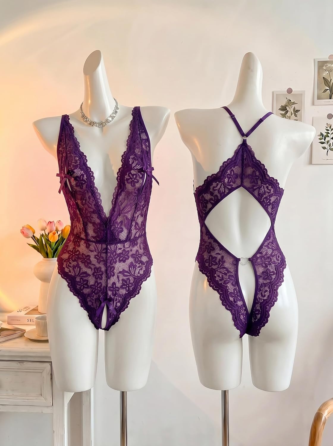 image:imageAvidlove Sexy Lingerie for Women Deep V Lace Teddy Lingerie Bodysuit One Piece BabydollPurple