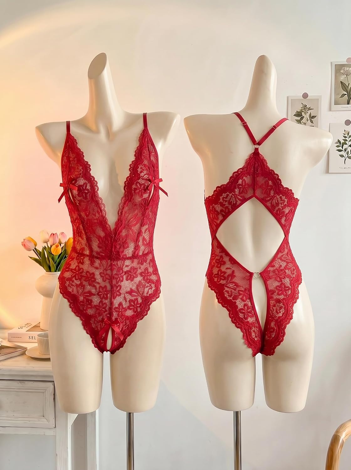 image:imageAvidlove Sexy Lingerie for Women Deep V Lace Teddy Lingerie Bodysuit One Piece BabydollRed