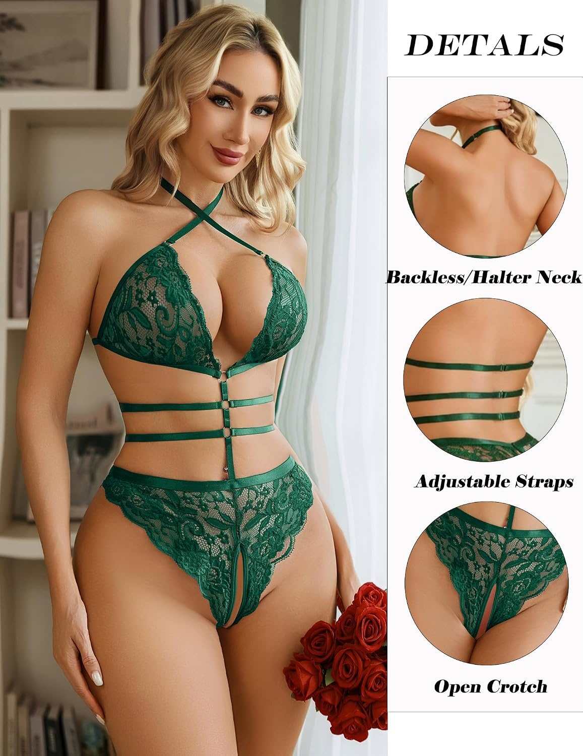 image:imageAvidlove Sexy Lingerie for Women Halter V Neck Teddy Cut Out One Piece Lace BodysuitGreen