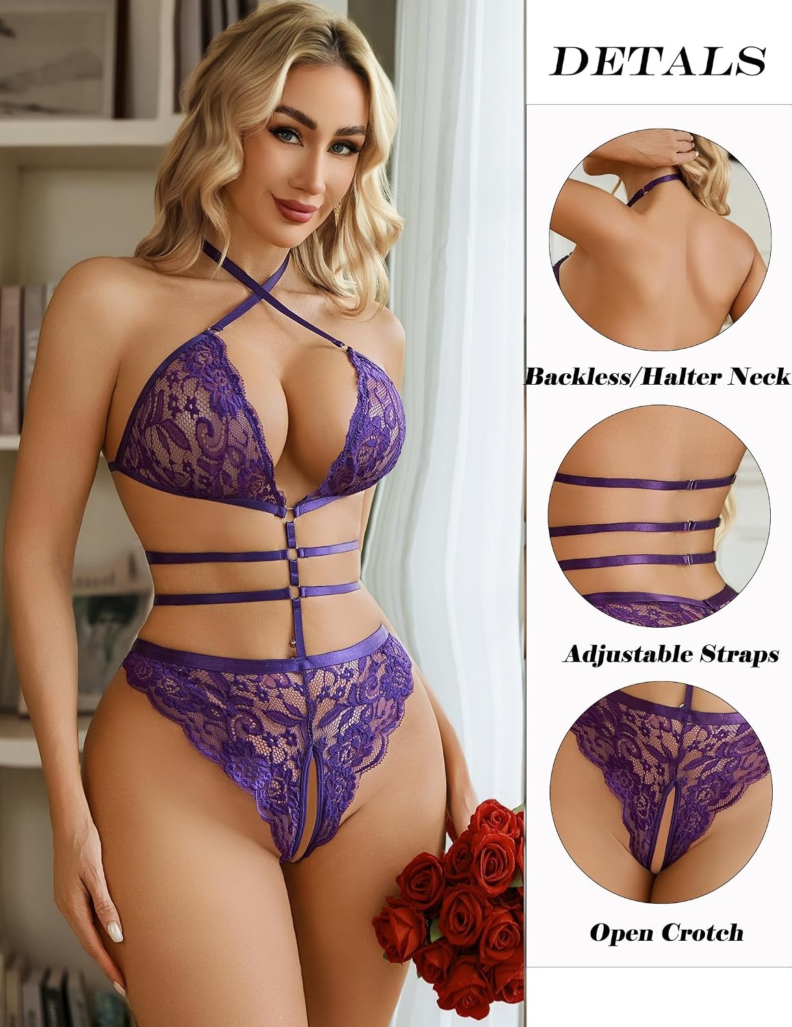 image:imageAvidlove Sexy Lingerie for Women Halter V Neck Teddy Cut Out One Piece Lace BodysuitPurple