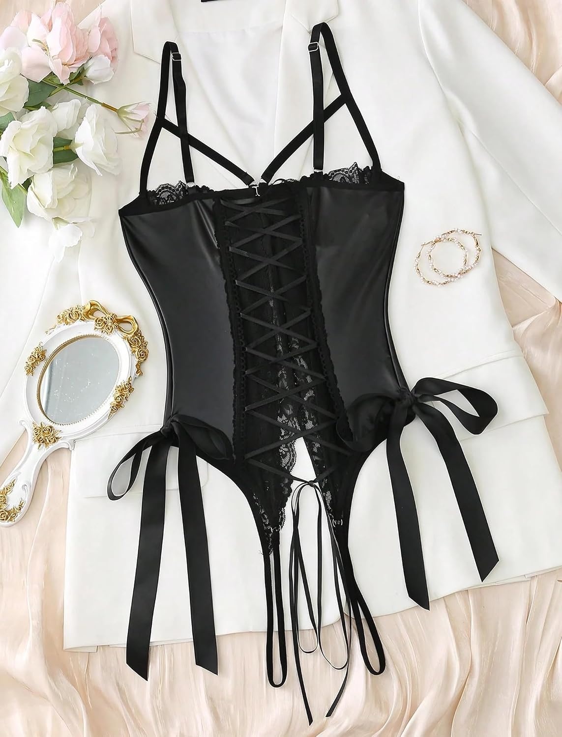 image:imageAvidlove Sexy Lingerie for Women One Piece Lingerie Cutout Teddy Underwire Bodysuits Mini Lace Leather Body Suit LaceUp BackBlack