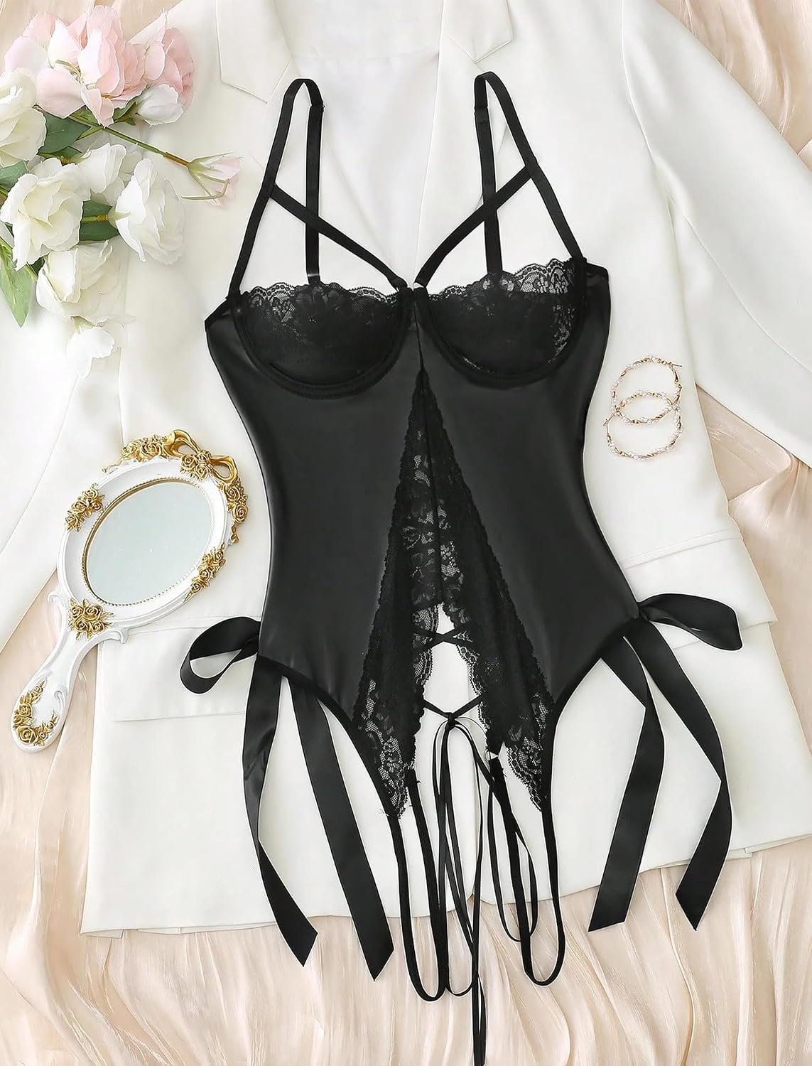 image:imageAvidlove Sexy Lingerie for Women One Piece Lingerie Cutout Teddy Underwire Bodysuits Mini Lace Leather Body Suit LaceUp BackBlack