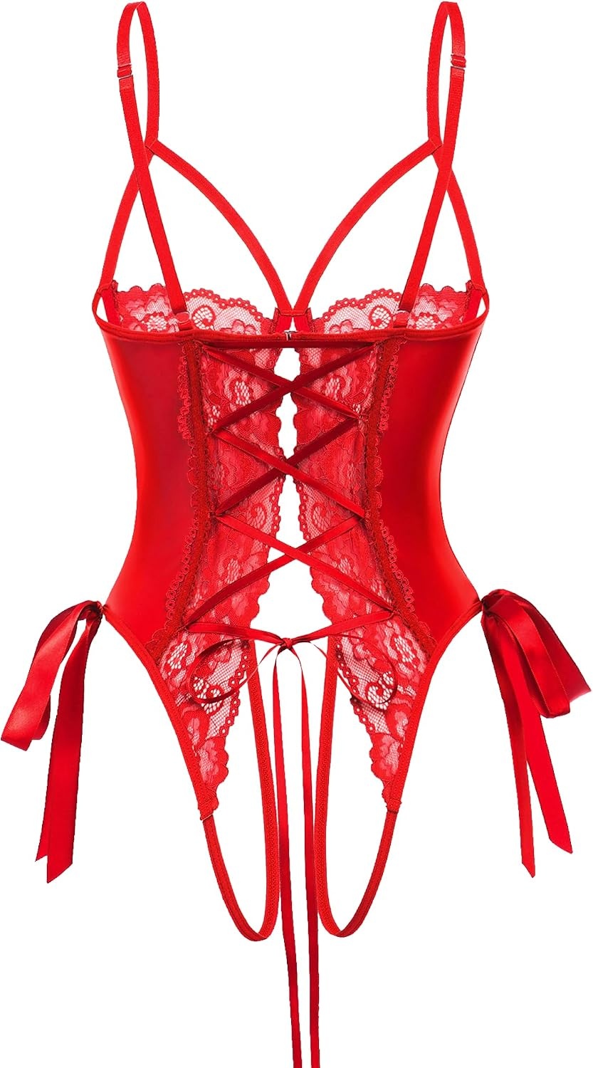 image:imageAvidlove Sexy Lingerie for Women One Piece Lingerie Cutout Teddy Underwire Bodysuits Mini Lace Leather Body Suit LaceUp BackRed