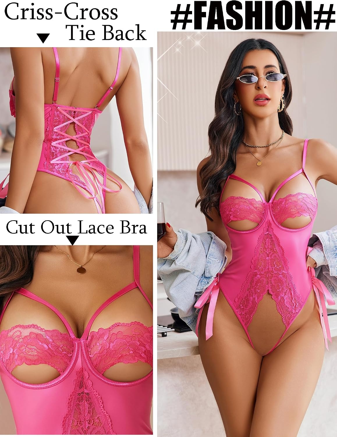 image:imageAvidlove Sexy Lingerie for Women One Piece Lingerie Cutout Teddy Underwire Bodysuits Mini Lace Leather Body Suit LaceUp BackRose Red