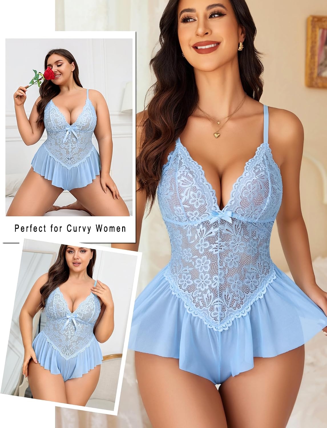 image:imageAvidlove Teddy Lingerie for Women Lace Bodysuit One Piece Babydoll Soft mesh chemise V neck sleepwear adjustable straps wireless cups curvefriendly fit for date night or boudoir shootLight Blue