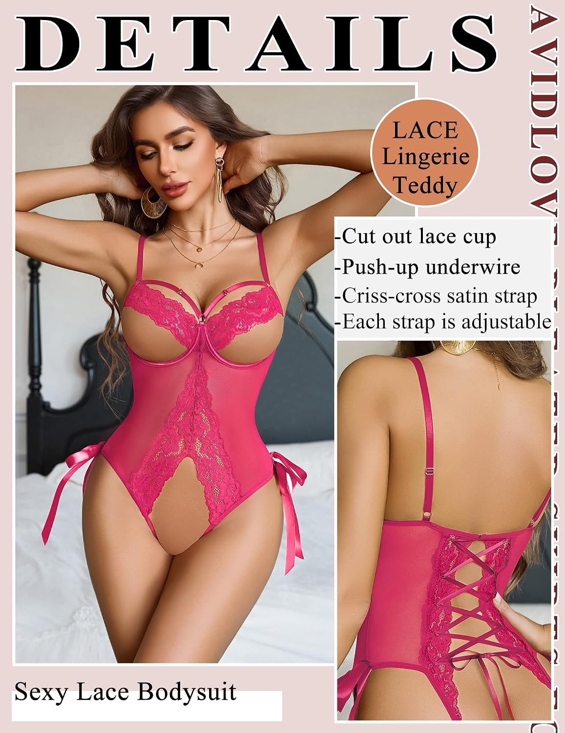 image:imageAvidlove Women Lingerie Lace Teddy Cut Out Mini Bodysuit One Piece Babydoll Underwire Lingerie with Laceup BackRose Red