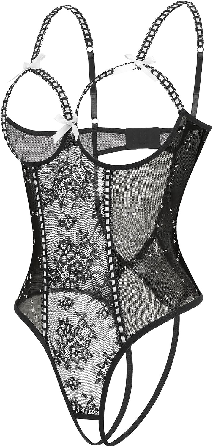 image:imageAvidlove Women One Piece Lingerie Lace Bodysuit Mini Babydoll Sexy Teddy Sleepwear SXXLBlack Stars