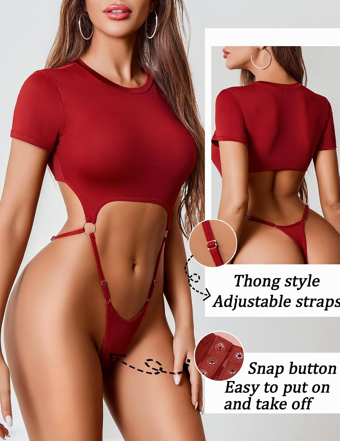image:imageAvidlove Women Sexy Cut Out Lingerie Bodysuit Short Sleeve Slim Crop TopsWine Red