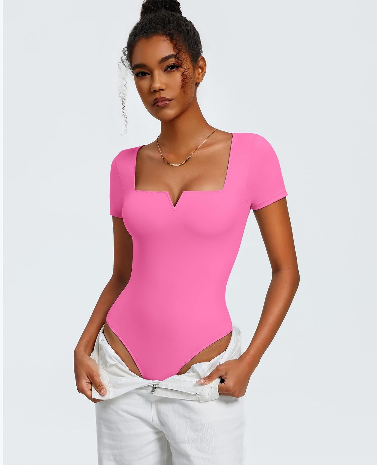 image:imageAvidlove Womens Short Sleeve Bodysuit Square Neck Body Suits One Piece T Shirt Summer Going Out Tops Date OutfitsPink