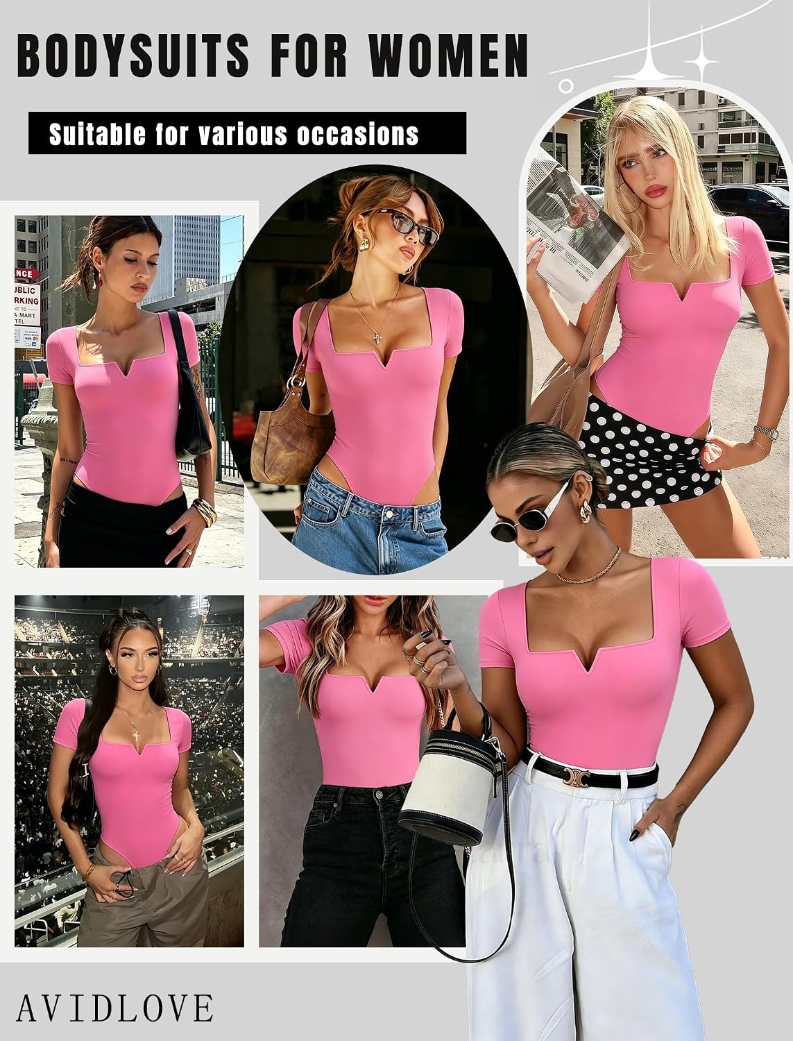 image:imageAvidlove Womens Short Sleeve Bodysuit Square Neck Body Suits One Piece T Shirt Summer Going Out Tops Date OutfitsPink