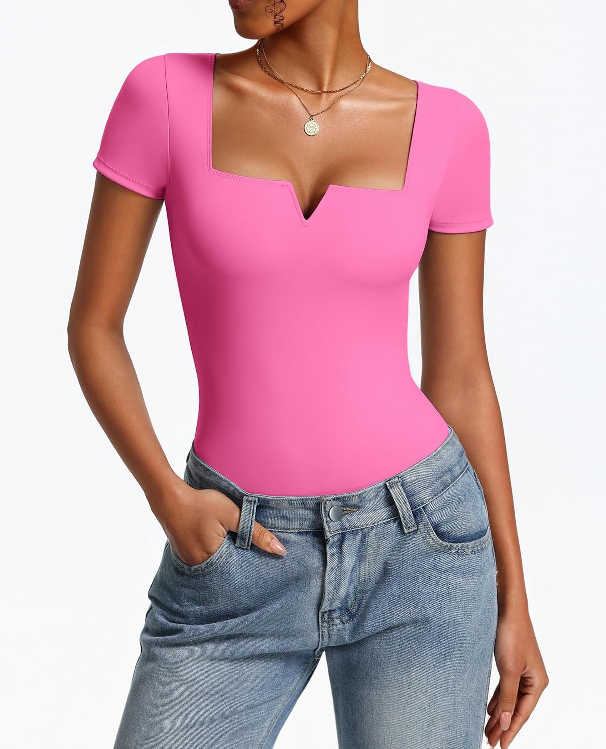 image:imageAvidlove Womens Short Sleeve Bodysuit Square Neck Body Suits One Piece T Shirt Summer Going Out Tops Date OutfitsPink