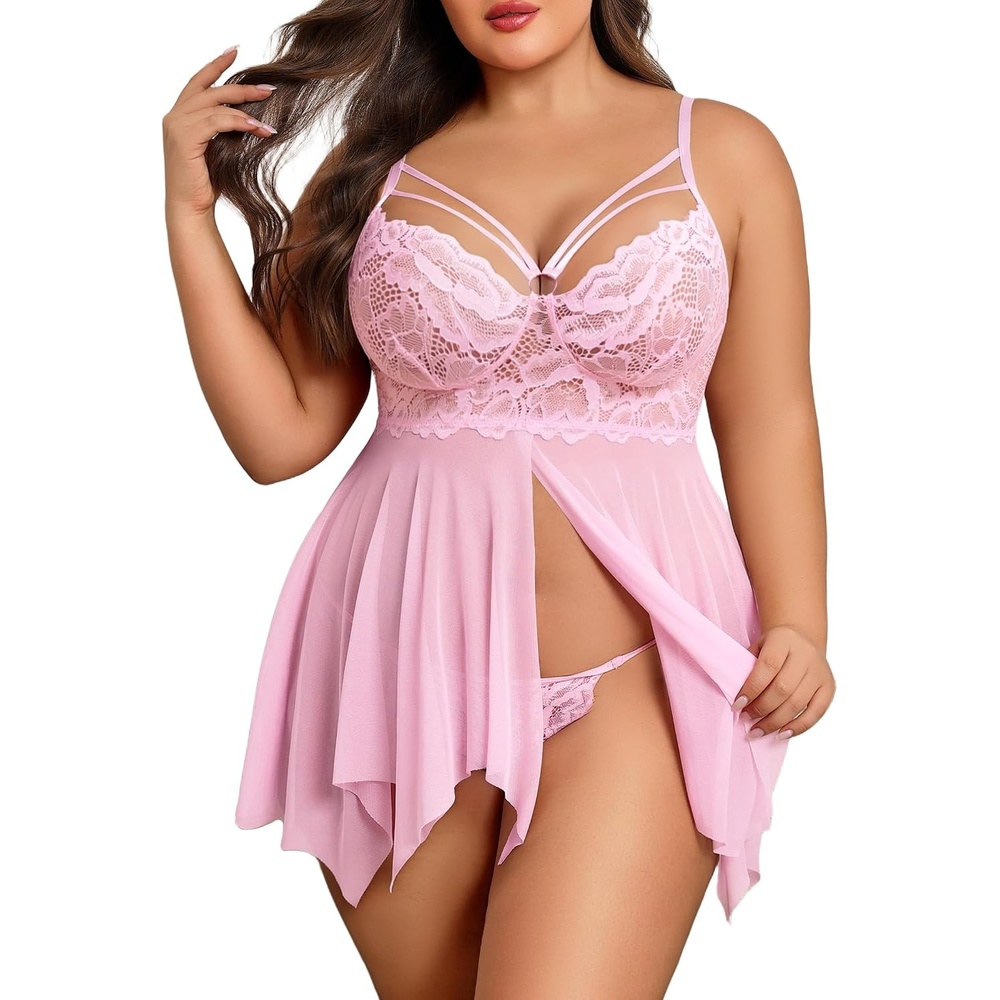 image:imageAvidlove Babydoll Lingerie for Women Strappy Nightdress Sexy Nightgowns Bridal Chemise Plus Size Lace Langeray L4XLPink