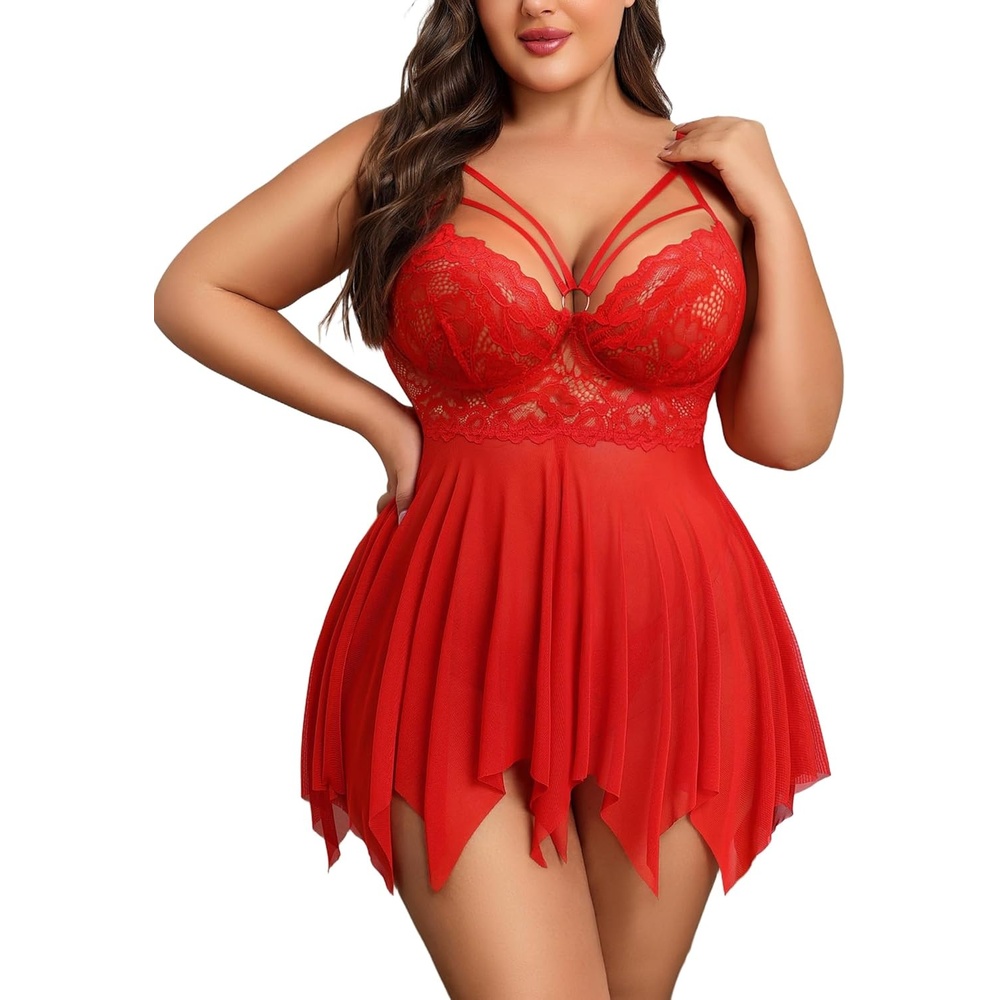 image:imageAvidlove Babydoll Lingerie for Women Strappy Nightdress Sexy Nightgowns Bridal Chemise Plus Size Lace Langeray L4XLRed