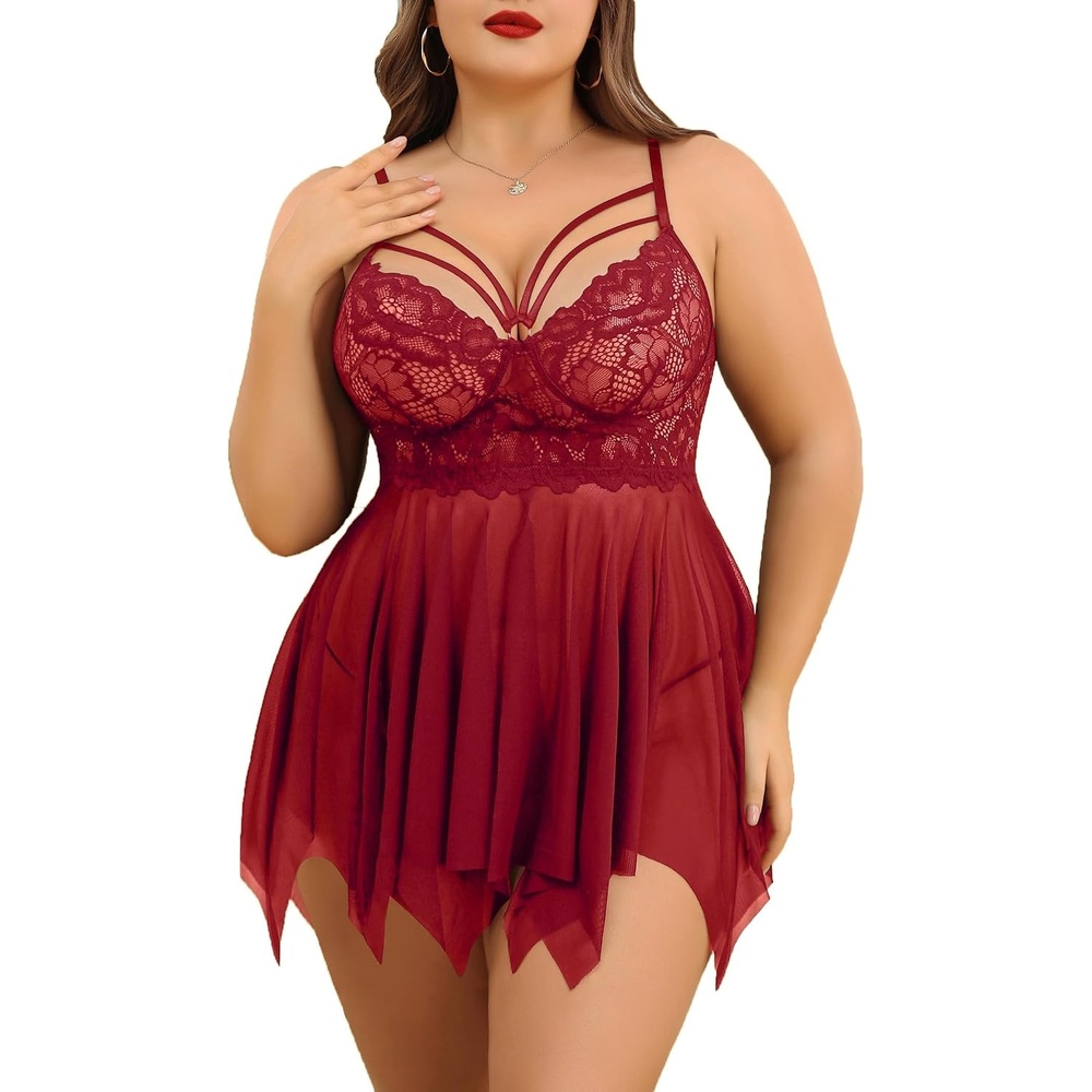 image:imageAvidlove Babydoll Lingerie for Women Strappy Nightdress Sexy Nightgowns Bridal Chemise Plus Size Lace Langeray L4XLWine Red