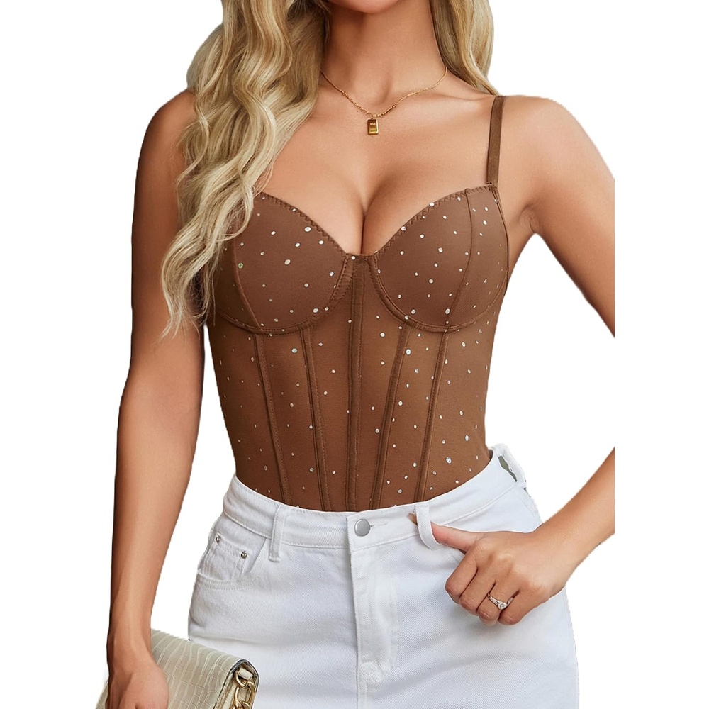 image:imageAvidlove Bodysuits for Women Sheer Thong Body Suit Mesh One Piece Sparkle Leotard Shirt Going Out Tops Concert Outfits SXXLBrown